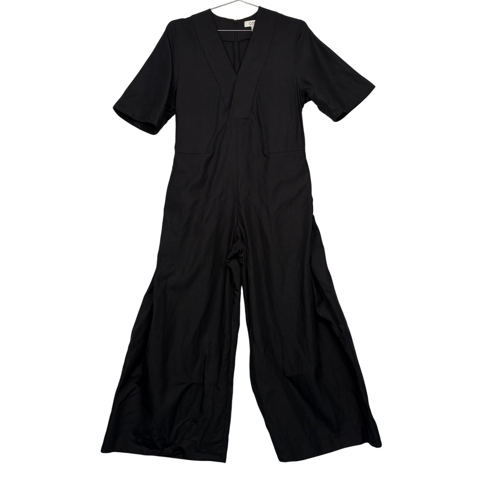 COS Womens Jumpsuit Size 8 Black V-Neck Wide Leg Short Sleeve Minimalist 10849